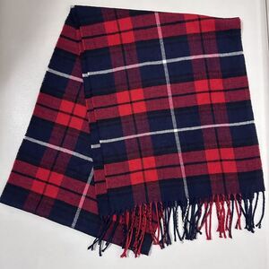 Cashmere Feel Red Blue Scarf Wrap 70” X 12” Plaid Fringe Fleece Soft Preppy